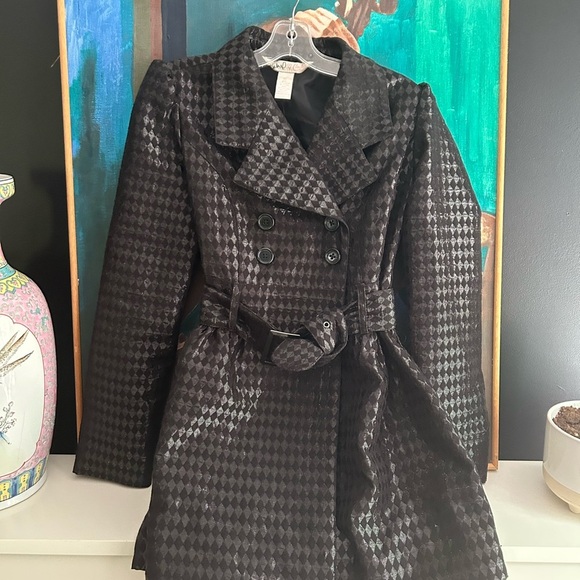 Y2K Candie's Glossy Black Houndstooth Trench Coat M - Picture 4 of 16